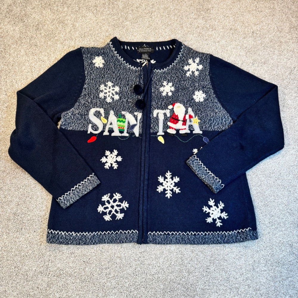 All Points Santa Snowflake Christmas Sweater Zip Cardigan Navy Blue Women Large